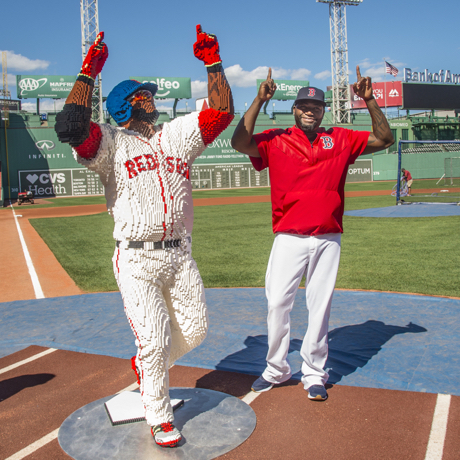 IMAGE DISTRIBUTED FOR LEGO® SYSTEMS, INC. - In this image released on  Wednesday, Aug. 31, 2016, Boston Red Sox designated hitter David Ortiz  mirrors his life-size LEGO likeness on home plate at